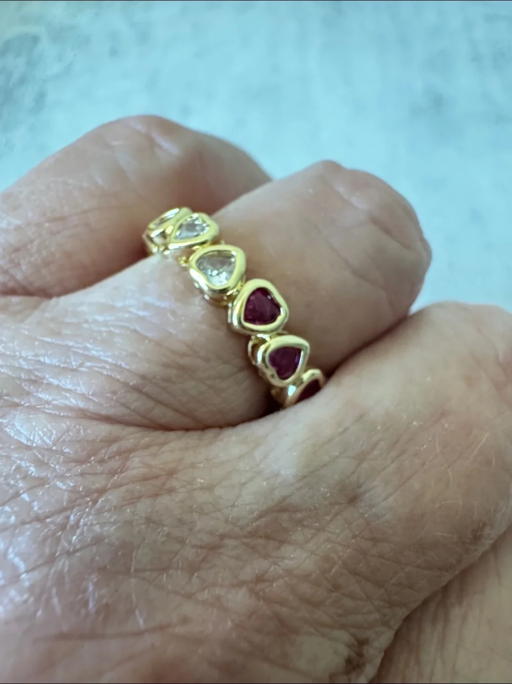 Unique Lab Created Ruby and CZ Gold plated Hearts Ring Sz. 7